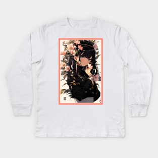 Aesthetic Anime Girl Pink Rosa Black | Quality Aesthetic Anime Design | Premium Chibi Manga Anime Art Kids Long Sleeve T-Shirt